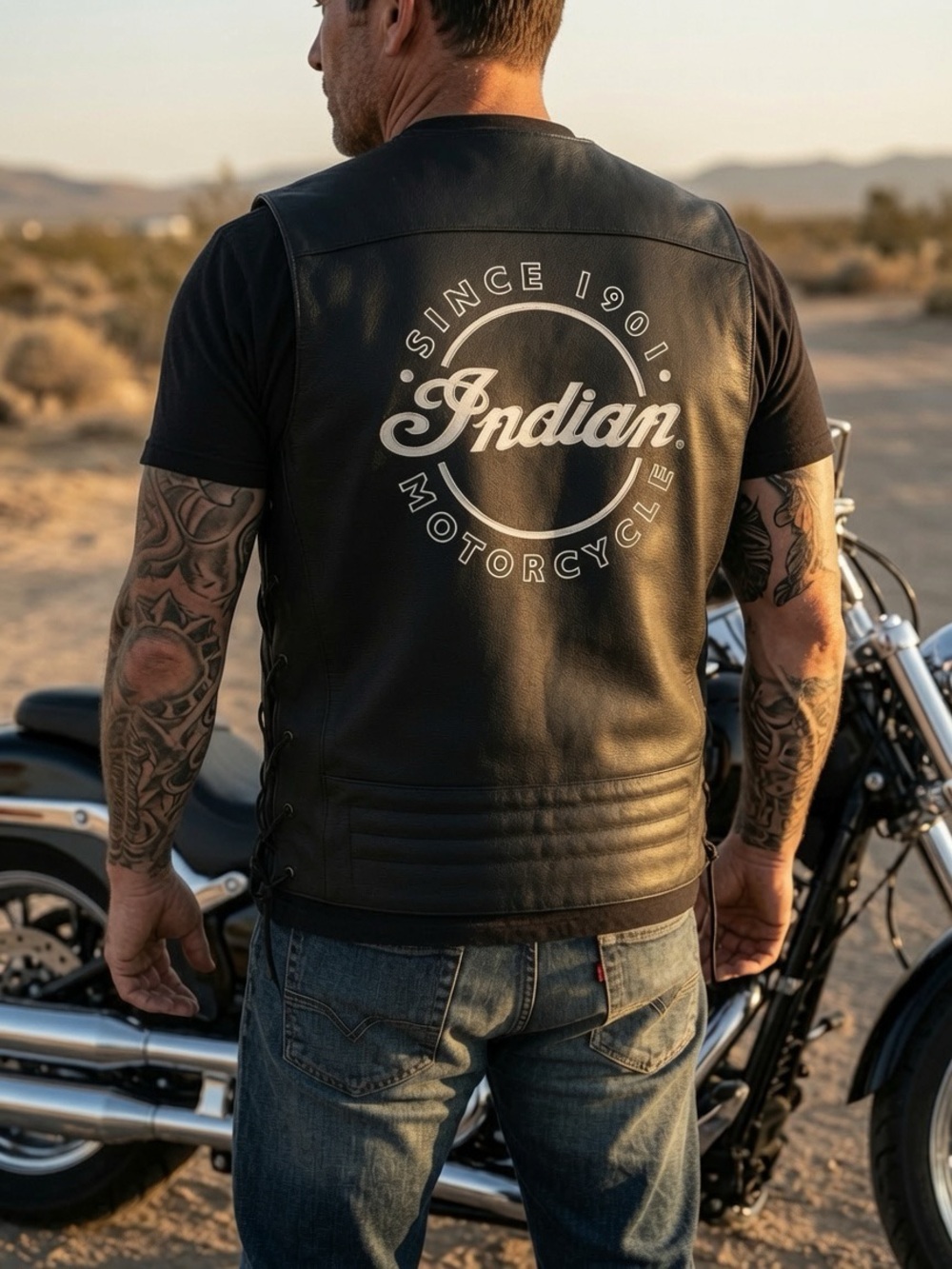 Indian Motorcycle Men’s Black Leather Vest - Classic Logo - Picture 2 of 13
